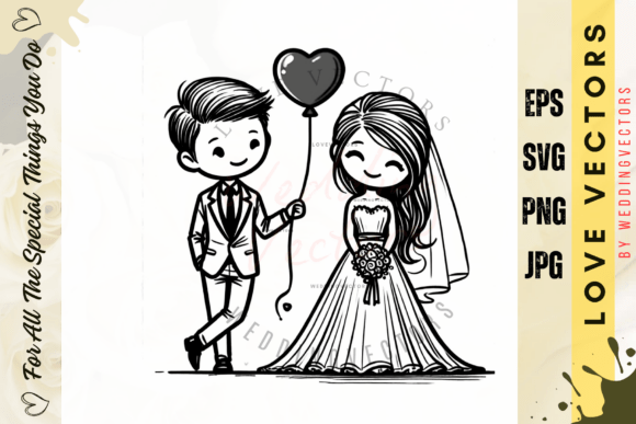 Romantic Editorial Illustrations: Wedding Couple and Love Vectors - C4295